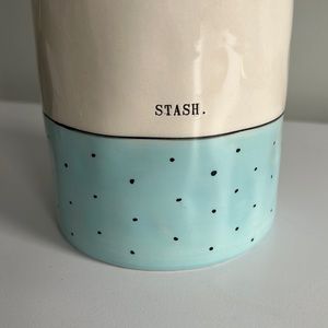 Rae Dunn CANISTER - LIGHT BLUE polka dot "STASH" - 10" tall. 2018 HTF Never used